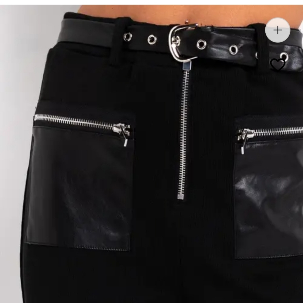 Black knit pants, faux leather pockets, front,back